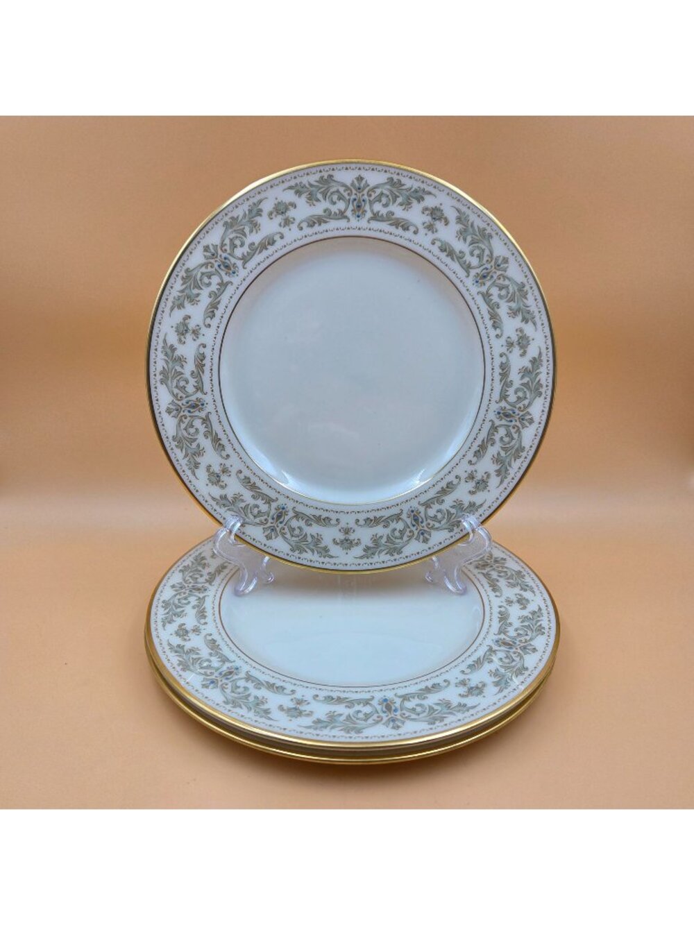 Lenox Noblesse Salad Plate Green/Gold Leaves, Blue Dots, Gold Trim Set of 3